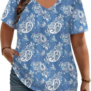 ROSRISS Tunic Casual V Neck Short Sleeve Blouse Sz 22W Blue White Paisley Print